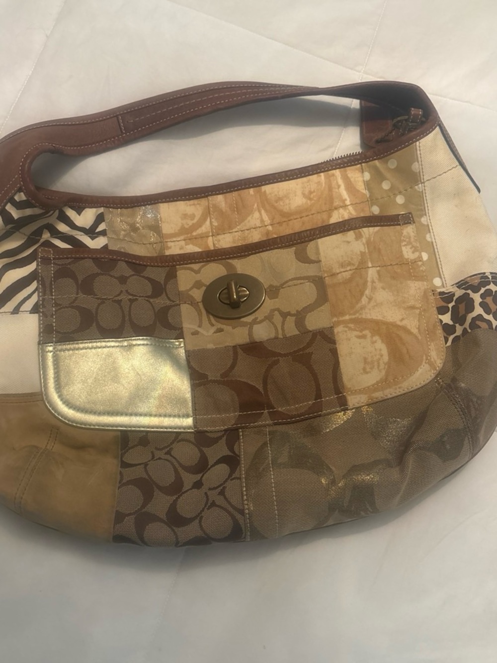Vintage Coach Patchwork Shoulder Bag in Tan, Brown and Gold Metallic